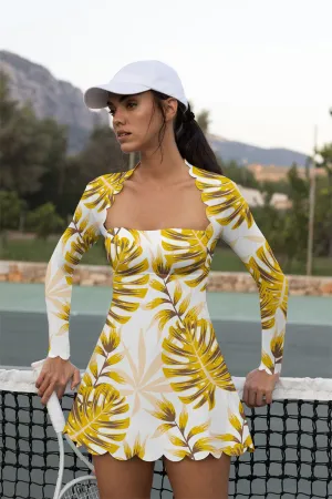 Golden Tropics Leaf Print Tennis Dress