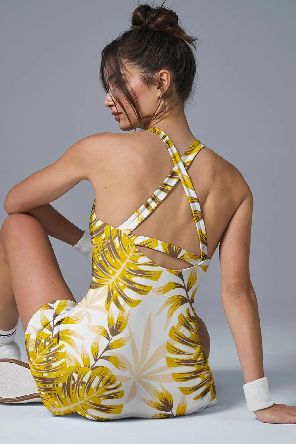 Golden Tropics Leaf Print Tennis Dress