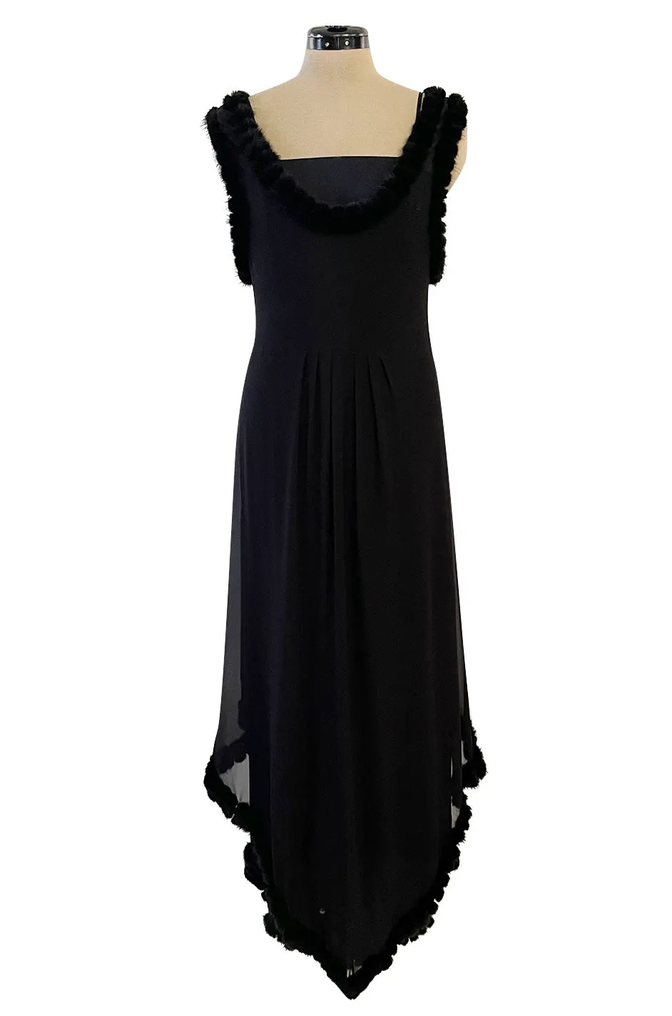 Gorgeous Fall 2003 Chanel by Karl Lagerfeld Black Silk Chiffon Dress Set w Fur Trim