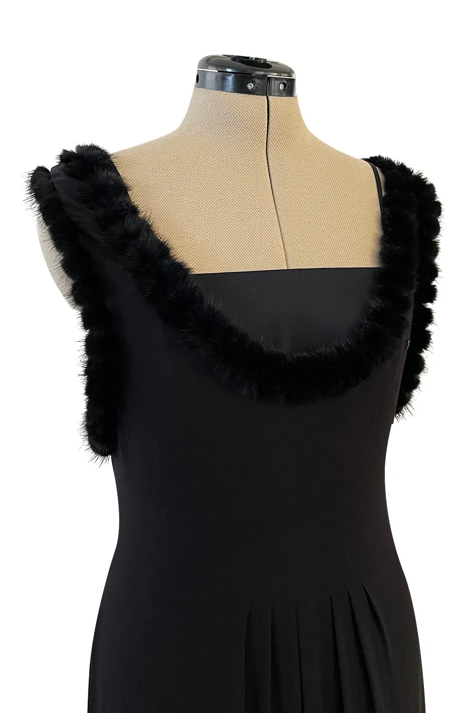 Gorgeous Fall 2003 Chanel by Karl Lagerfeld Black Silk Chiffon Dress Set w Fur Trim