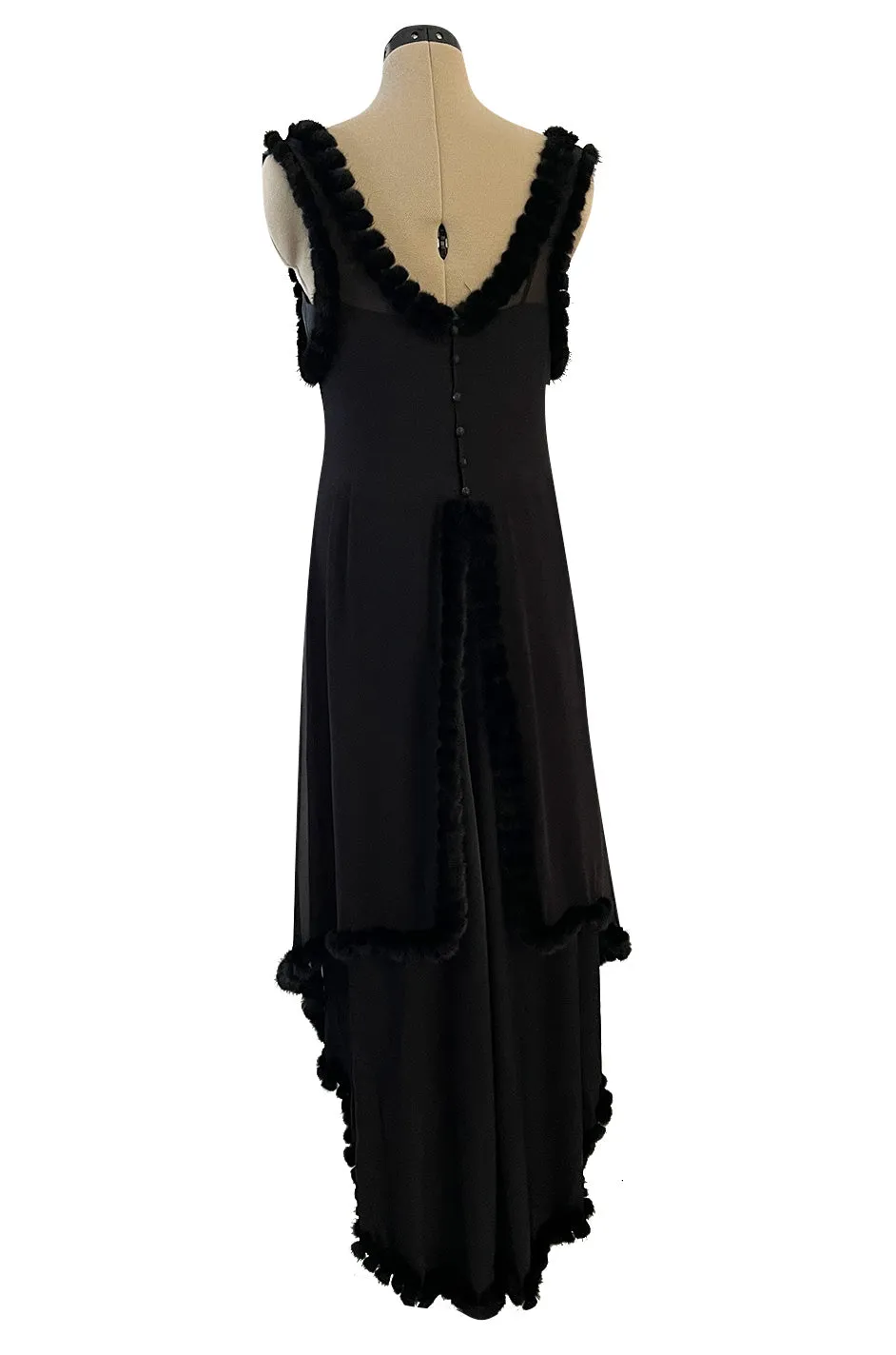 Gorgeous Fall 2003 Chanel by Karl Lagerfeld Black Silk Chiffon Dress Set w Fur Trim