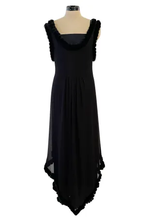Gorgeous Fall 2003 Chanel by Karl Lagerfeld Black Silk Chiffon Dress Set w Fur Trim