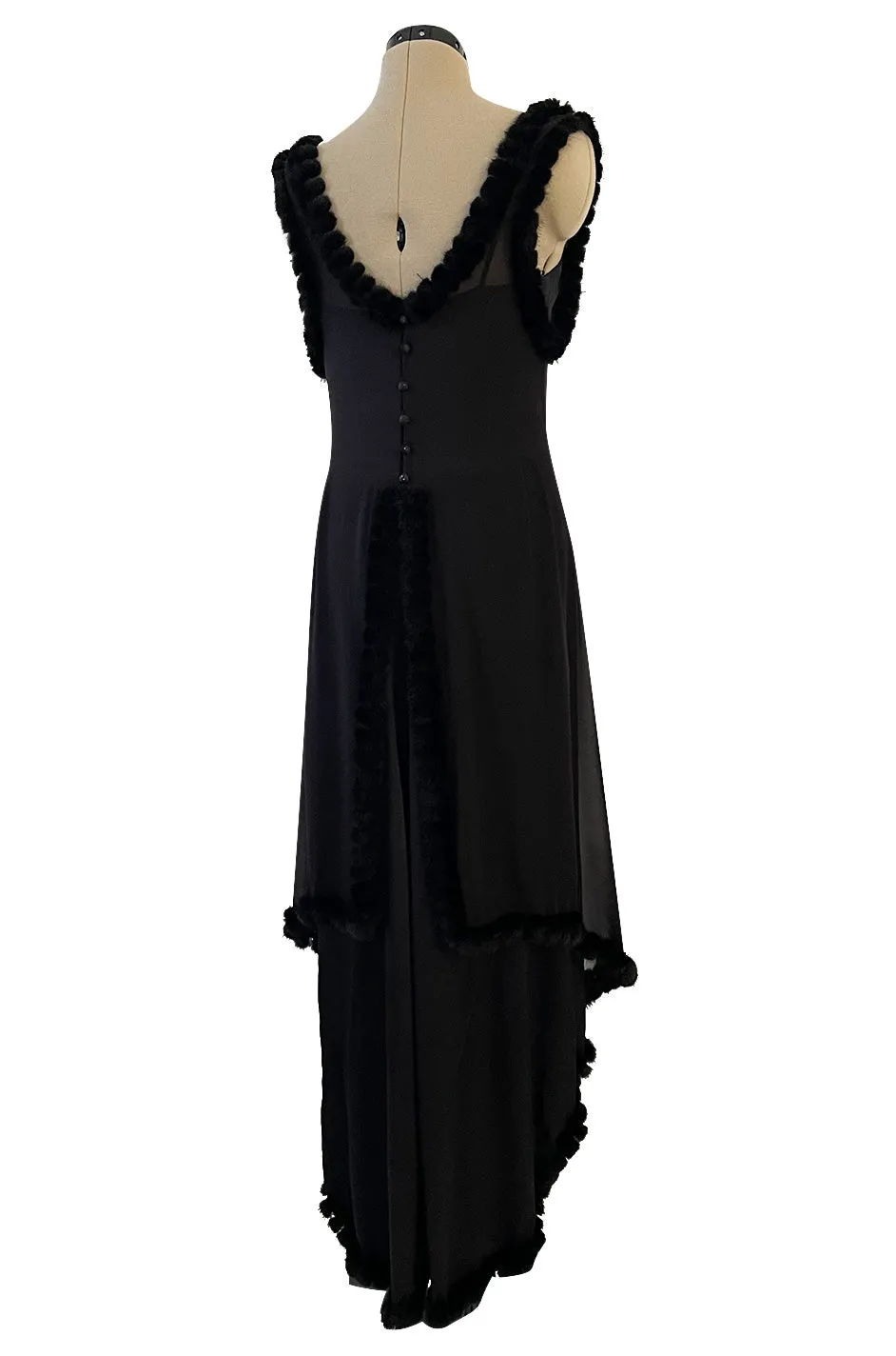 Gorgeous Fall 2003 Chanel by Karl Lagerfeld Black Silk Chiffon Dress Set w Fur Trim
