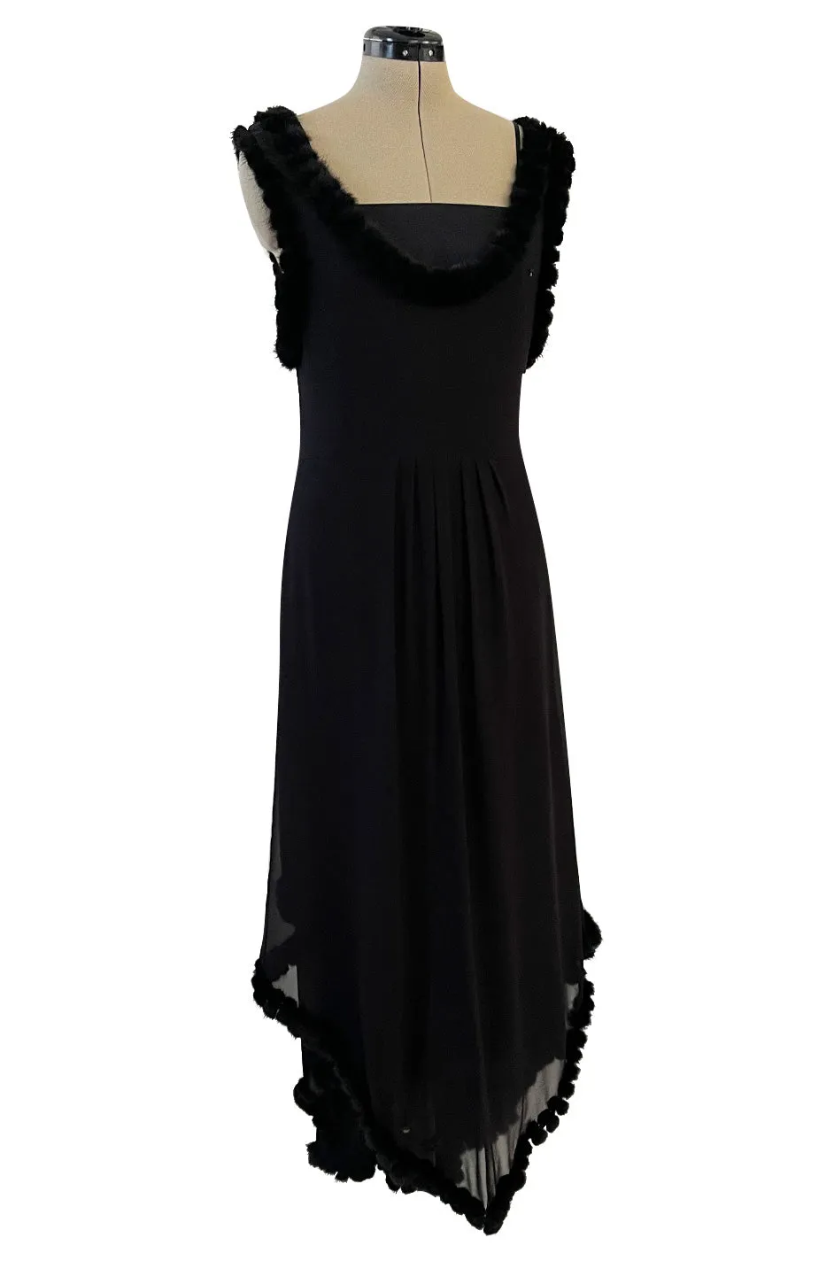 Gorgeous Fall 2003 Chanel by Karl Lagerfeld Black Silk Chiffon Dress Set w Fur Trim