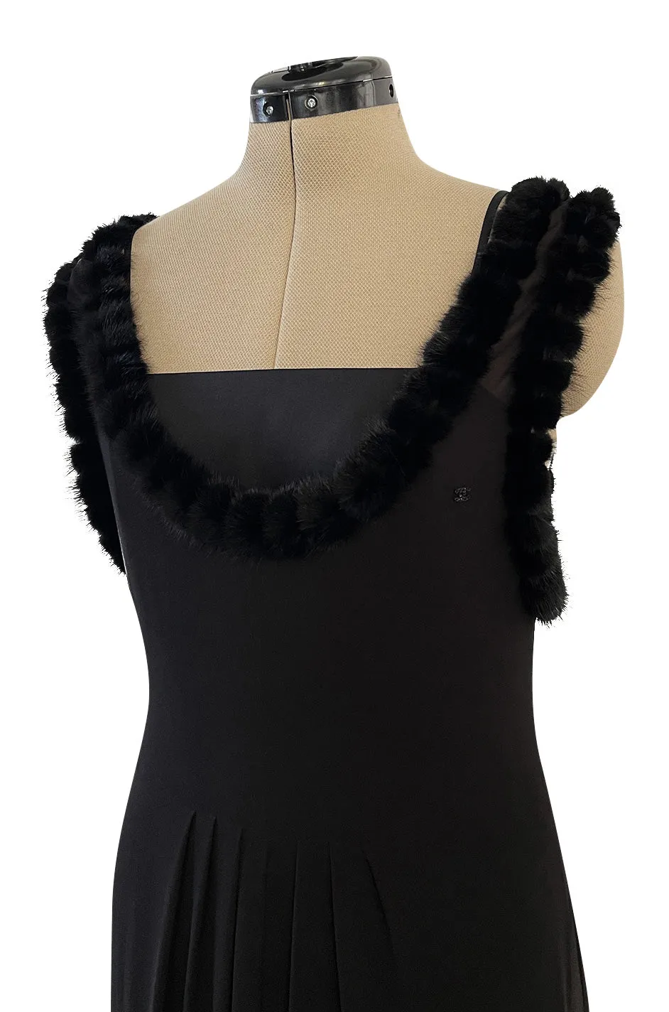Gorgeous Fall 2003 Chanel by Karl Lagerfeld Black Silk Chiffon Dress Set w Fur Trim