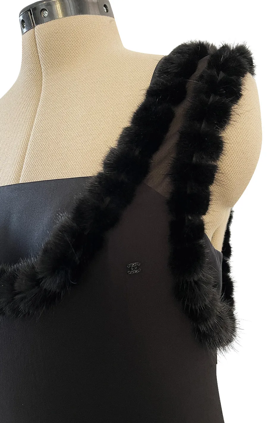 Gorgeous Fall 2003 Chanel by Karl Lagerfeld Black Silk Chiffon Dress Set w Fur Trim