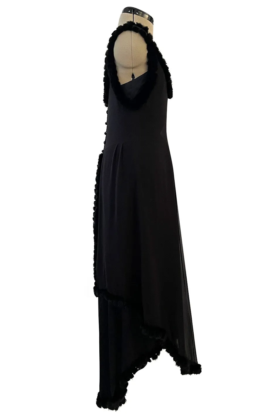 Gorgeous Fall 2003 Chanel by Karl Lagerfeld Black Silk Chiffon Dress Set w Fur Trim