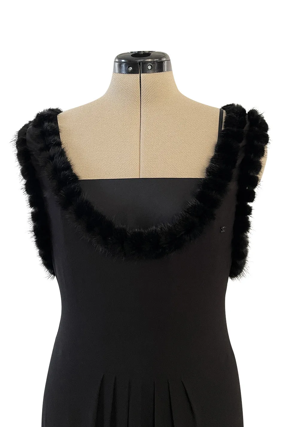 Gorgeous Fall 2003 Chanel by Karl Lagerfeld Black Silk Chiffon Dress Set w Fur Trim
