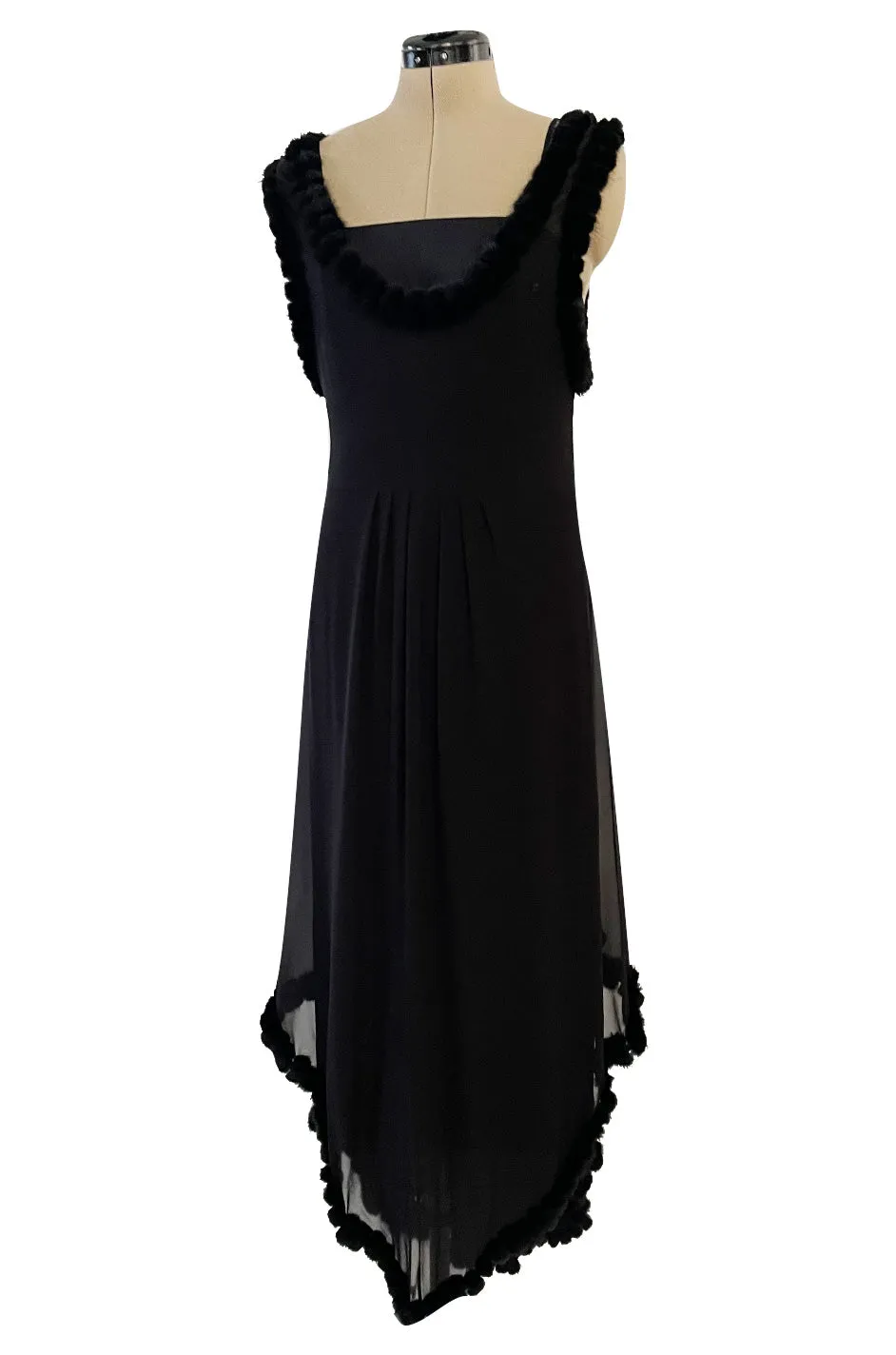 Gorgeous Fall 2003 Chanel by Karl Lagerfeld Black Silk Chiffon Dress Set w Fur Trim