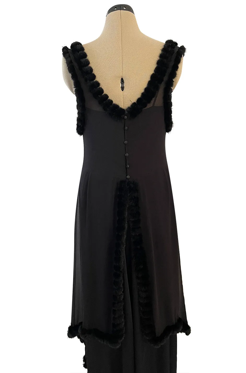 Gorgeous Fall 2003 Chanel by Karl Lagerfeld Black Silk Chiffon Dress Set w Fur Trim