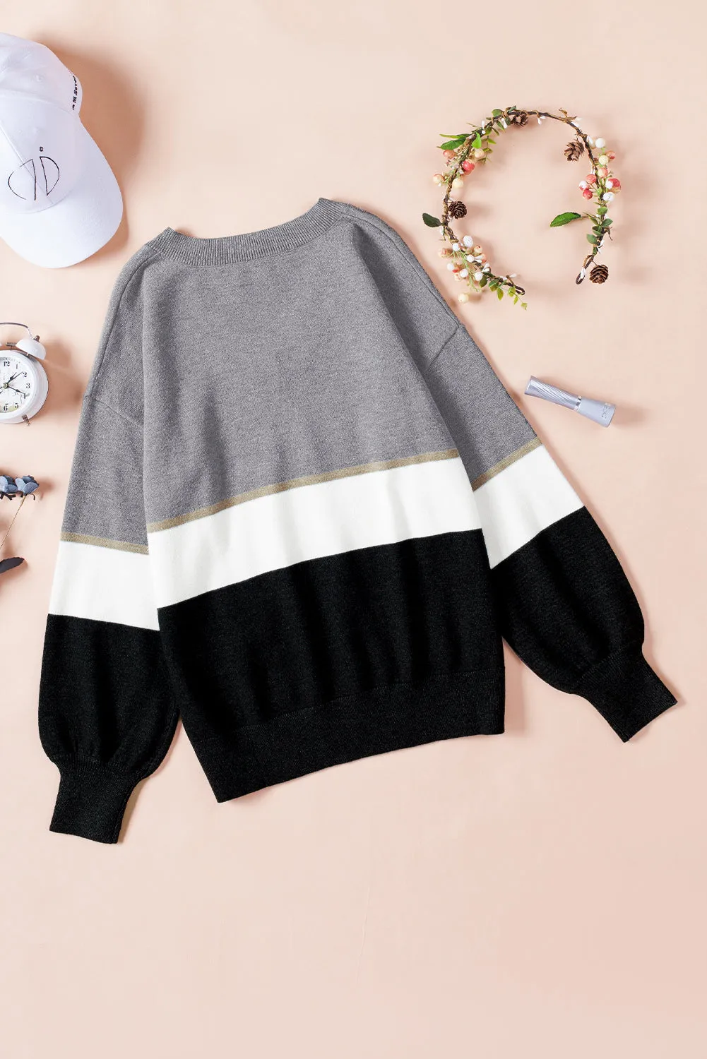 Gray Colorblock V Neck Sweater
