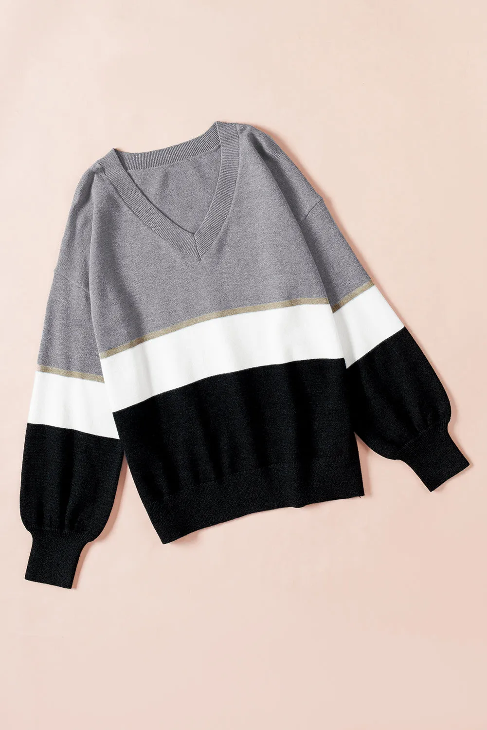 Gray Colorblock V Neck Sweater