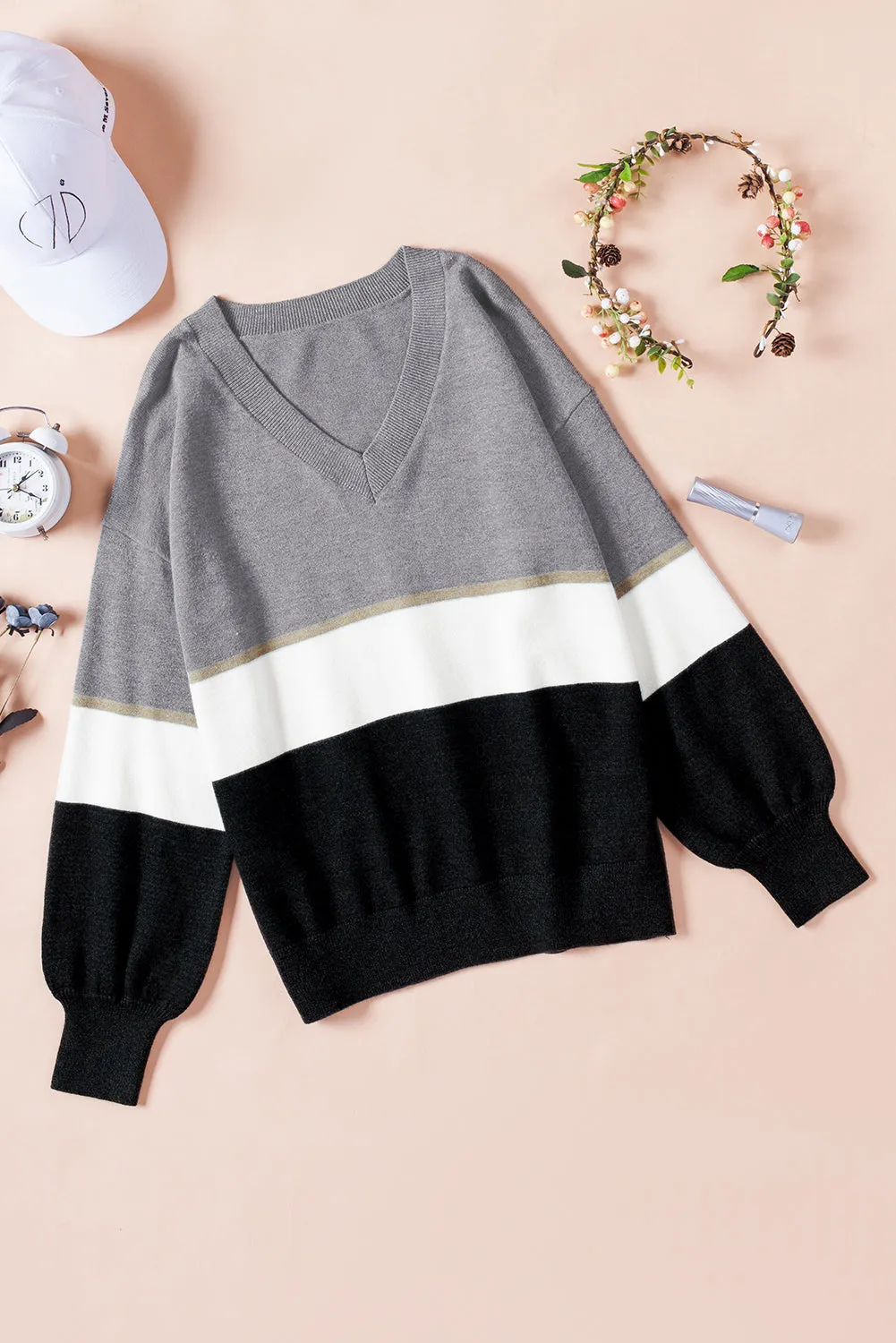 Gray Colorblock V Neck Sweater