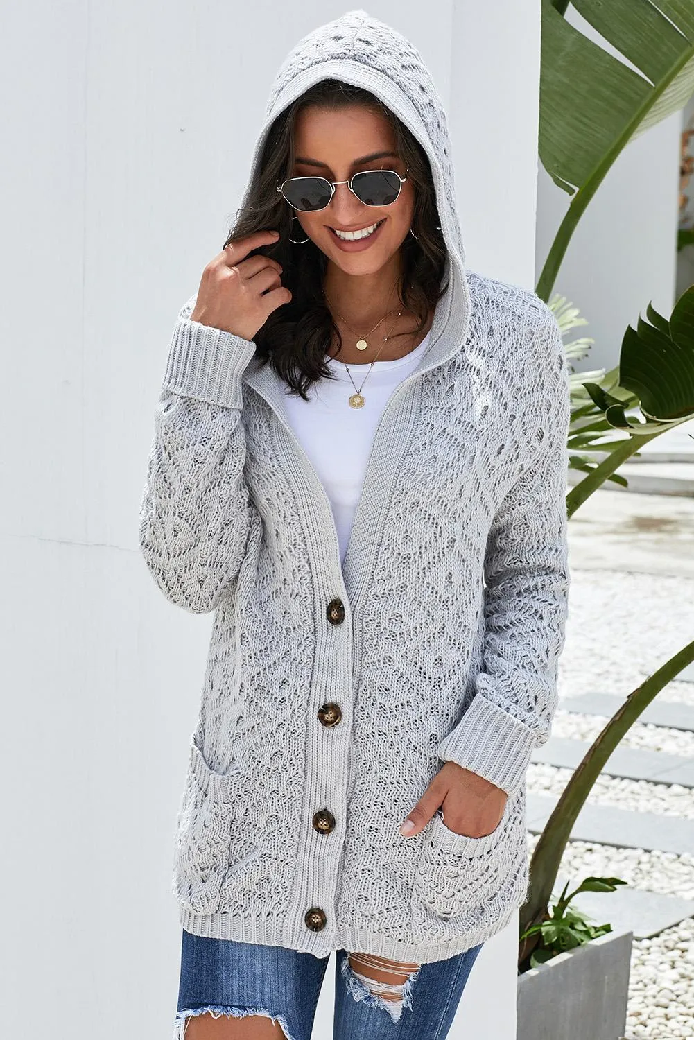 Gray Knit Hooded Cardigan
