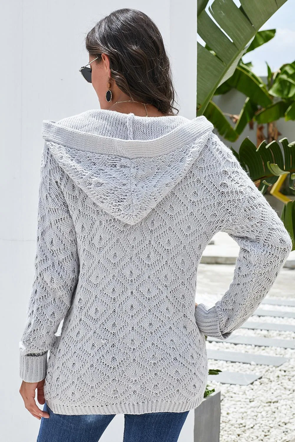 Gray Knit Hooded Cardigan