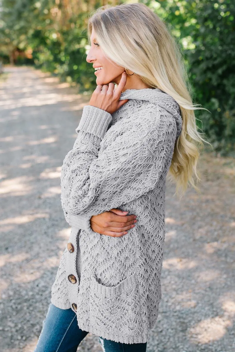 Gray Knit Hooded Cardigan