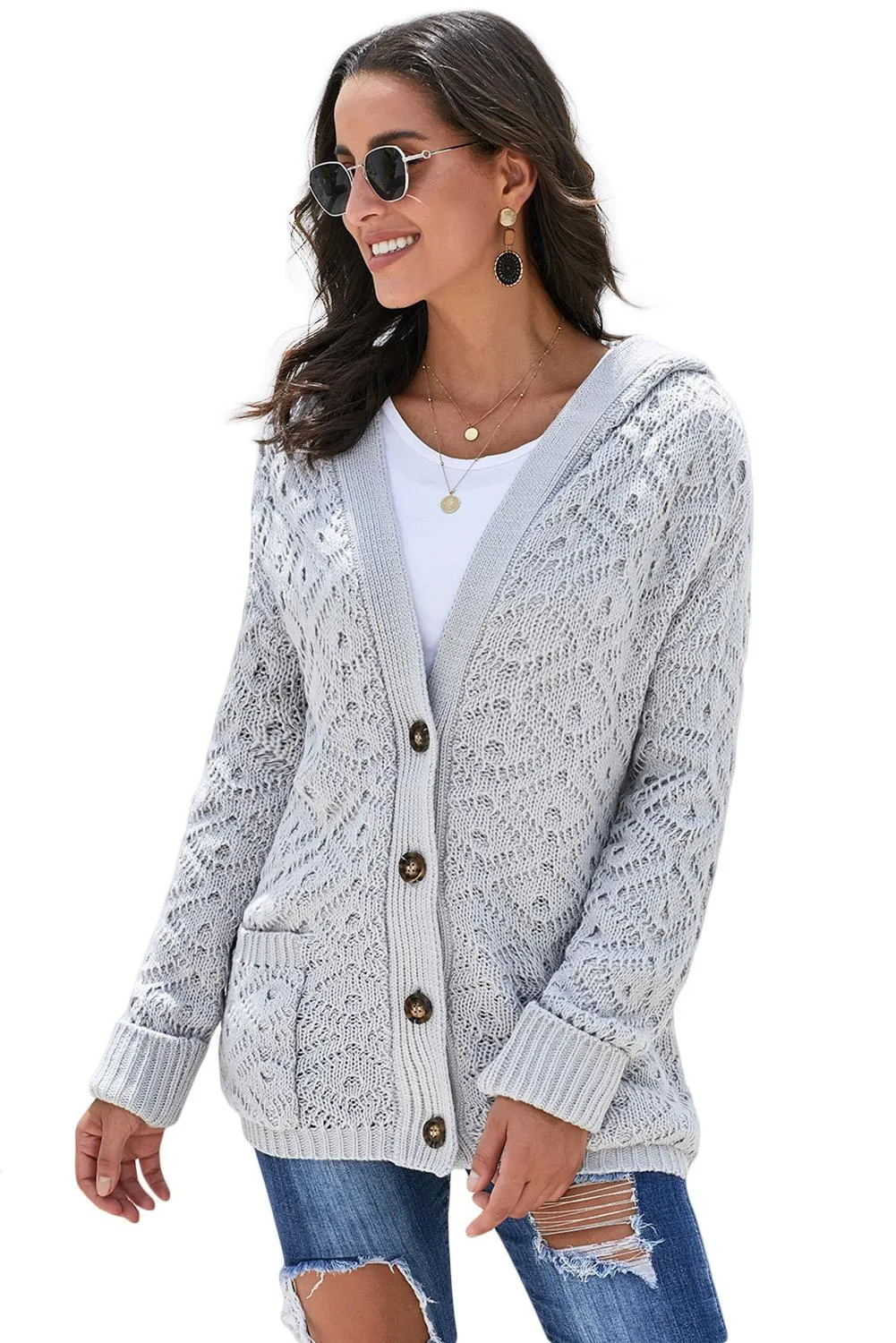 Gray Knit Hooded Cardigan