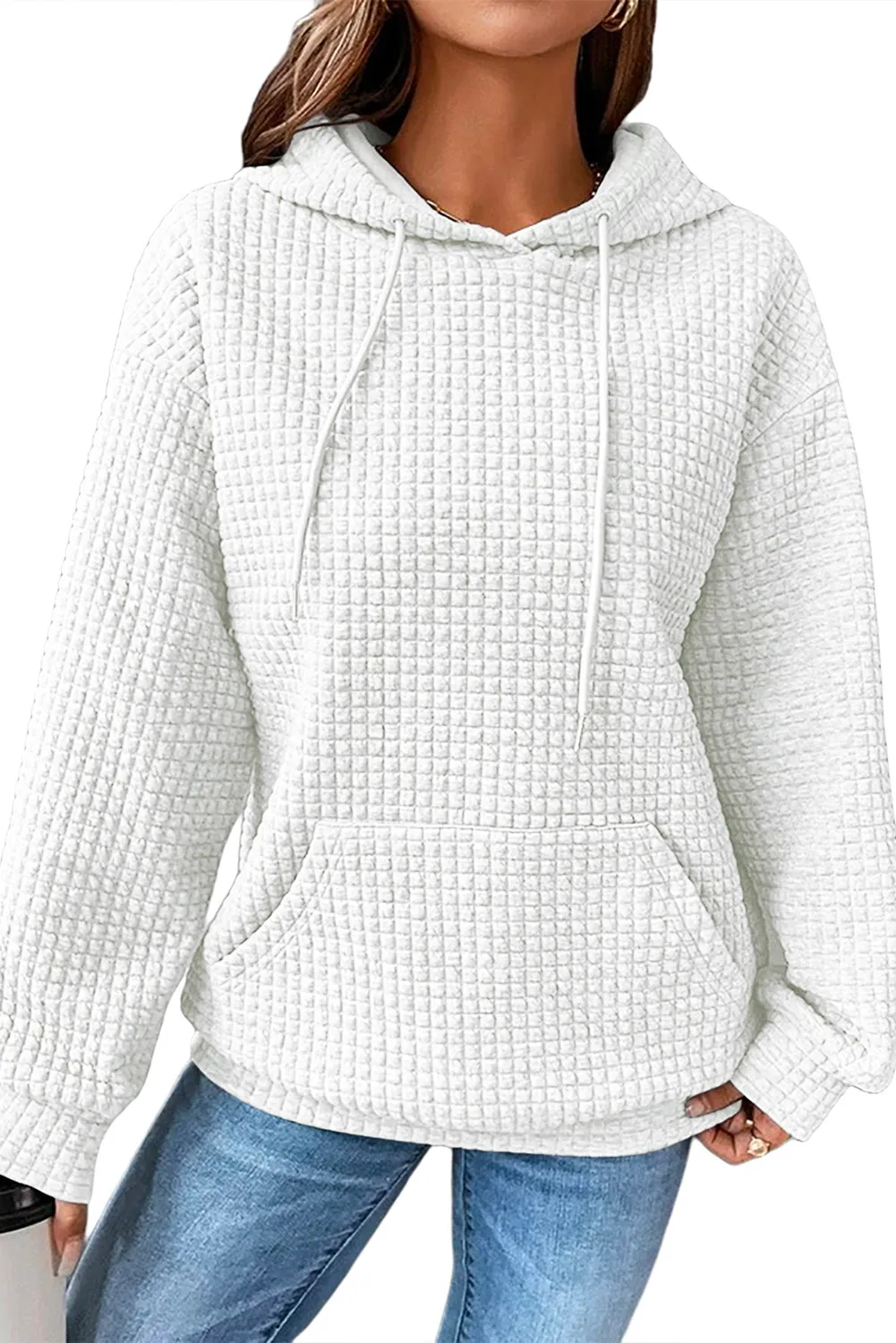 Gray Lattice Textured Kangaroo Pocket Drawstring Hoodie