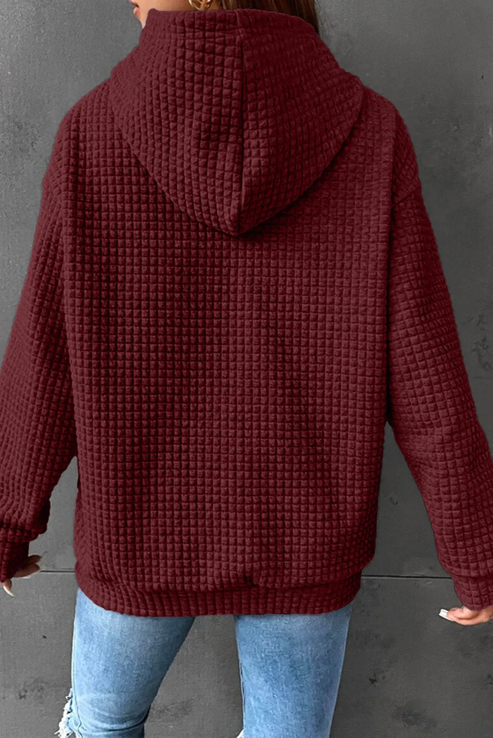 Gray Lattice Textured Kangaroo Pocket Drawstring Hoodie