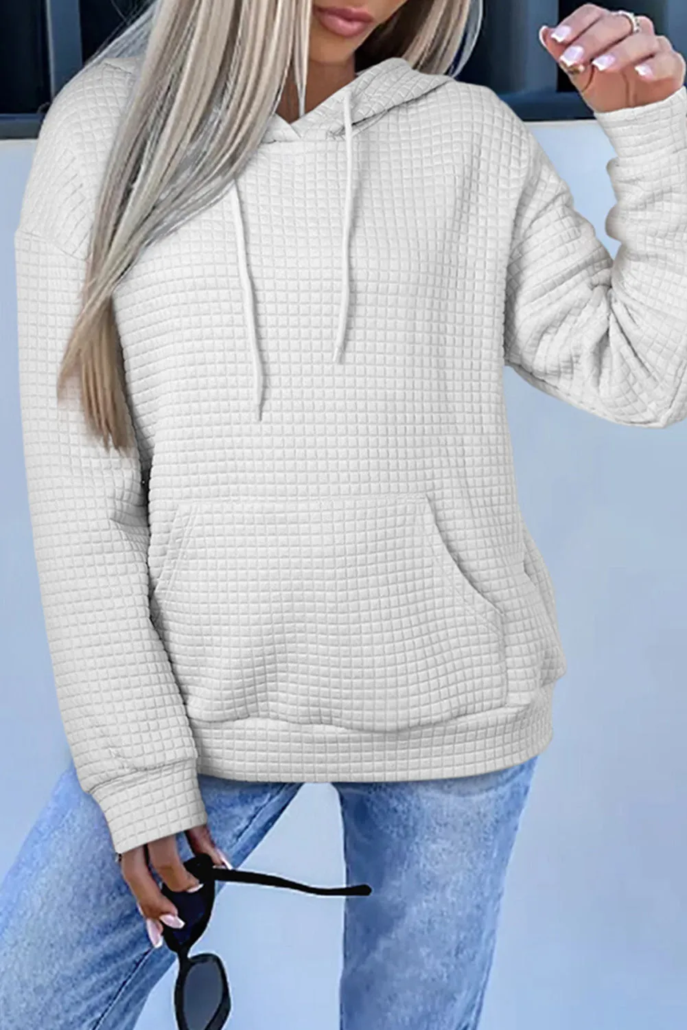Gray Lattice Textured Kangaroo Pocket Drawstring Hoodie