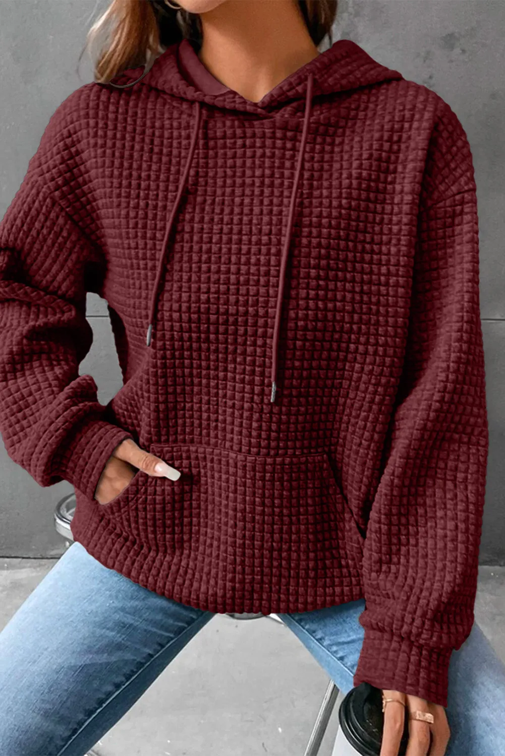 Gray Lattice Textured Kangaroo Pocket Drawstring Hoodie
