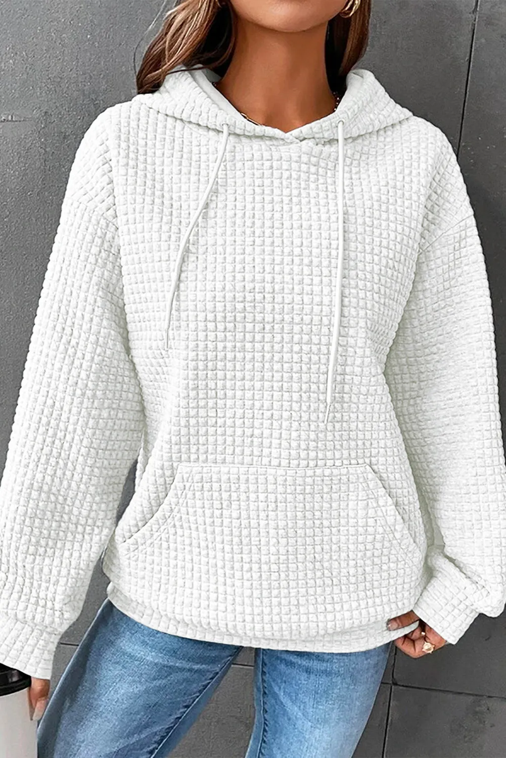 Gray Lattice Textured Kangaroo Pocket Drawstring Hoodie