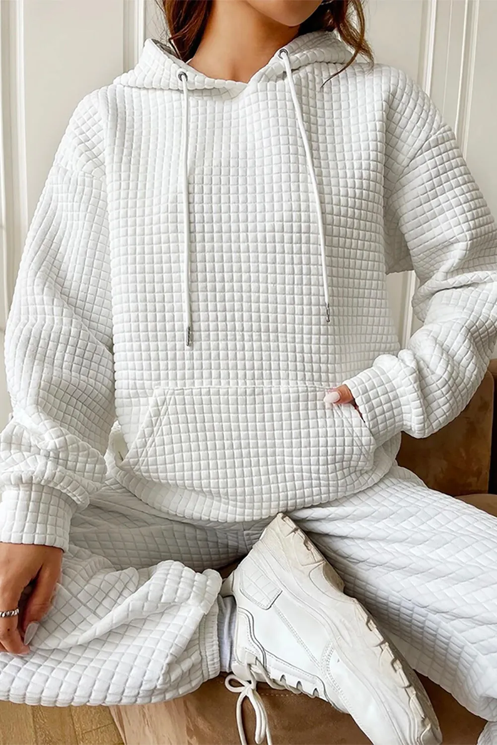 Gray Lattice Textured Kangaroo Pocket Drawstring Hoodie