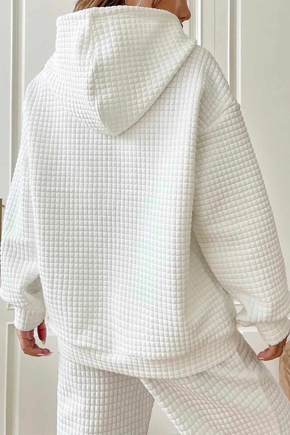 Gray Lattice Textured Kangaroo Pocket Drawstring Hoodie