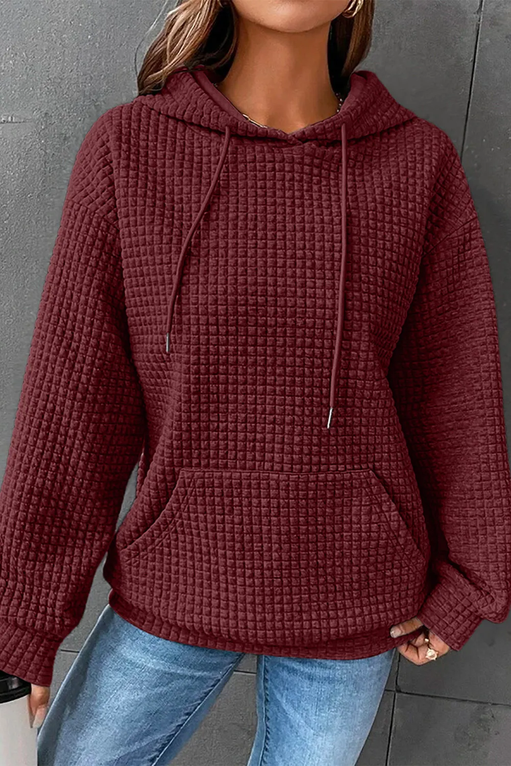 Gray Lattice Textured Kangaroo Pocket Drawstring Hoodie