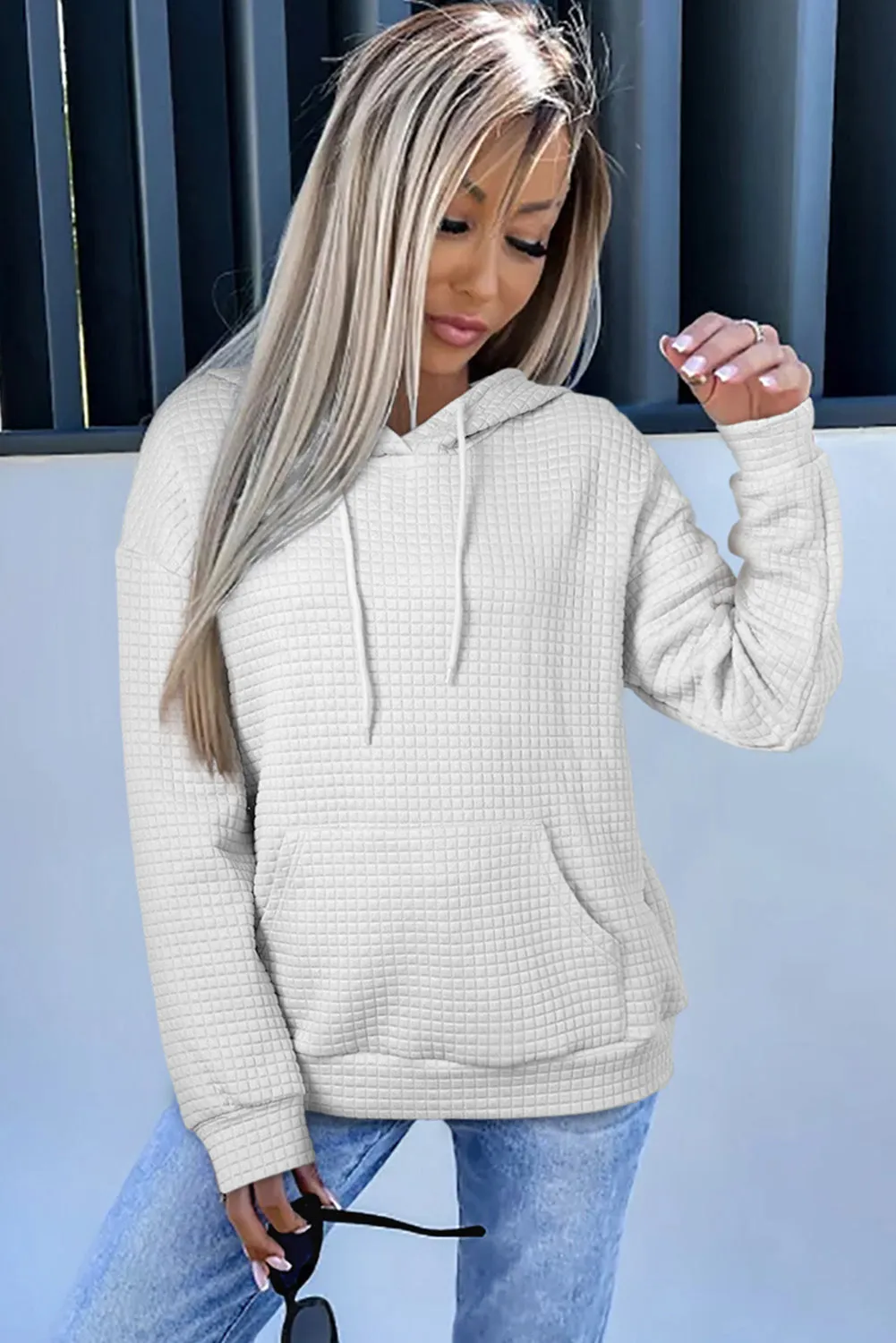 Gray Lattice Textured Kangaroo Pocket Drawstring Hoodie