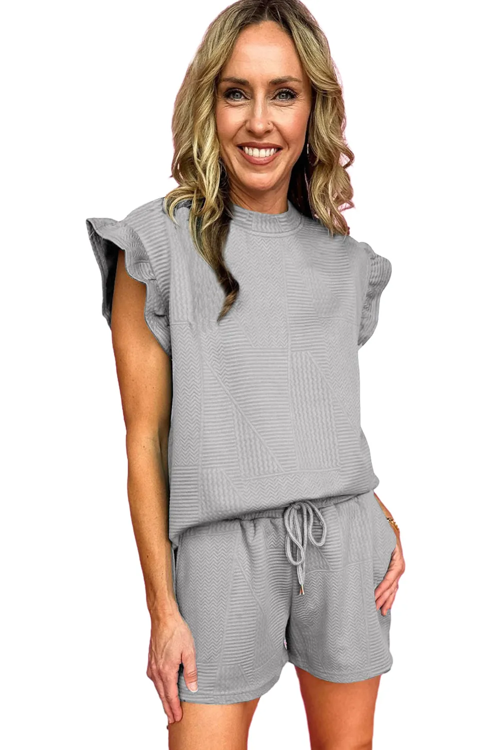Gray Textured Ruffle Split Top and Drawstring Shorts