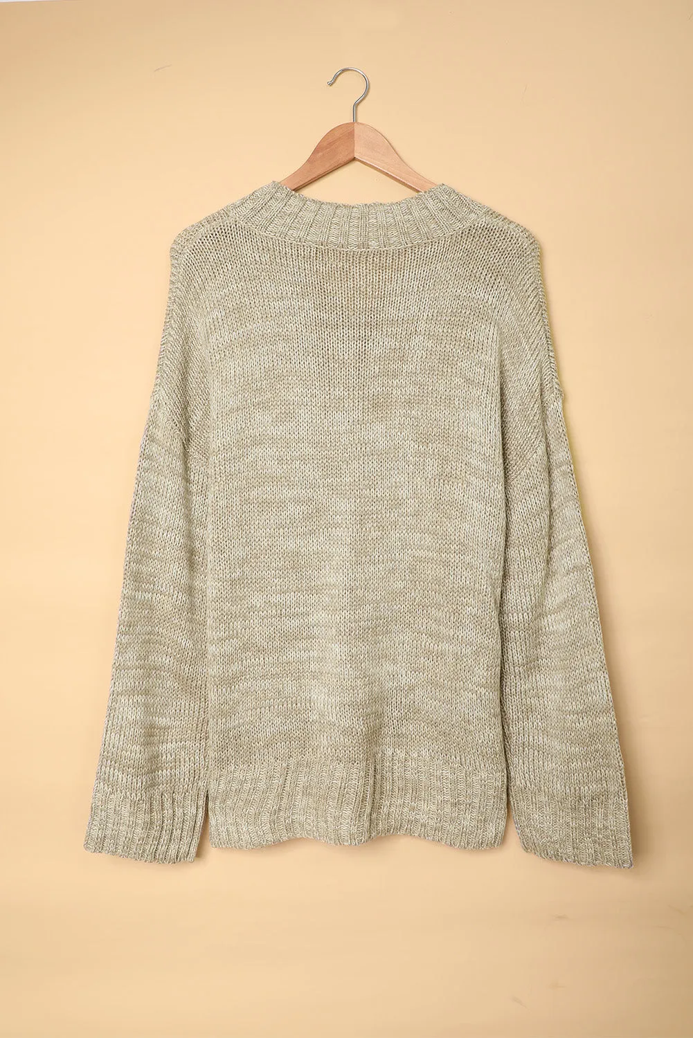 Gray V neck Drop Shoulder Knitted Sweater