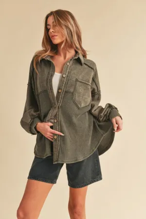 Green Acid Washed Exposed Seam Button Up Jacket