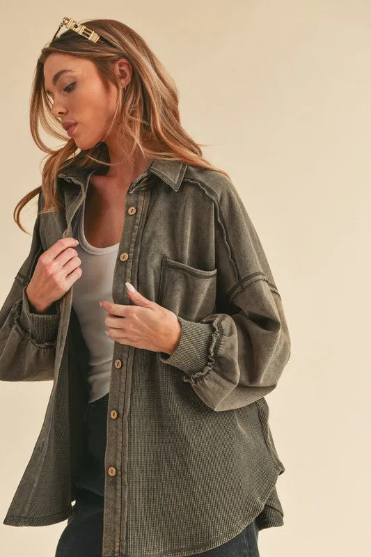 Green Acid Washed Exposed Seam Button Up Jacket