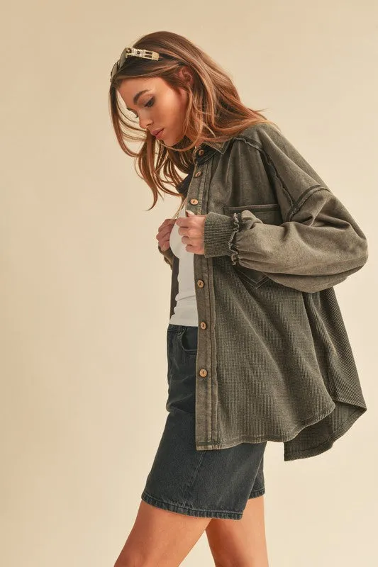 Green Acid Washed Exposed Seam Button Up Jacket