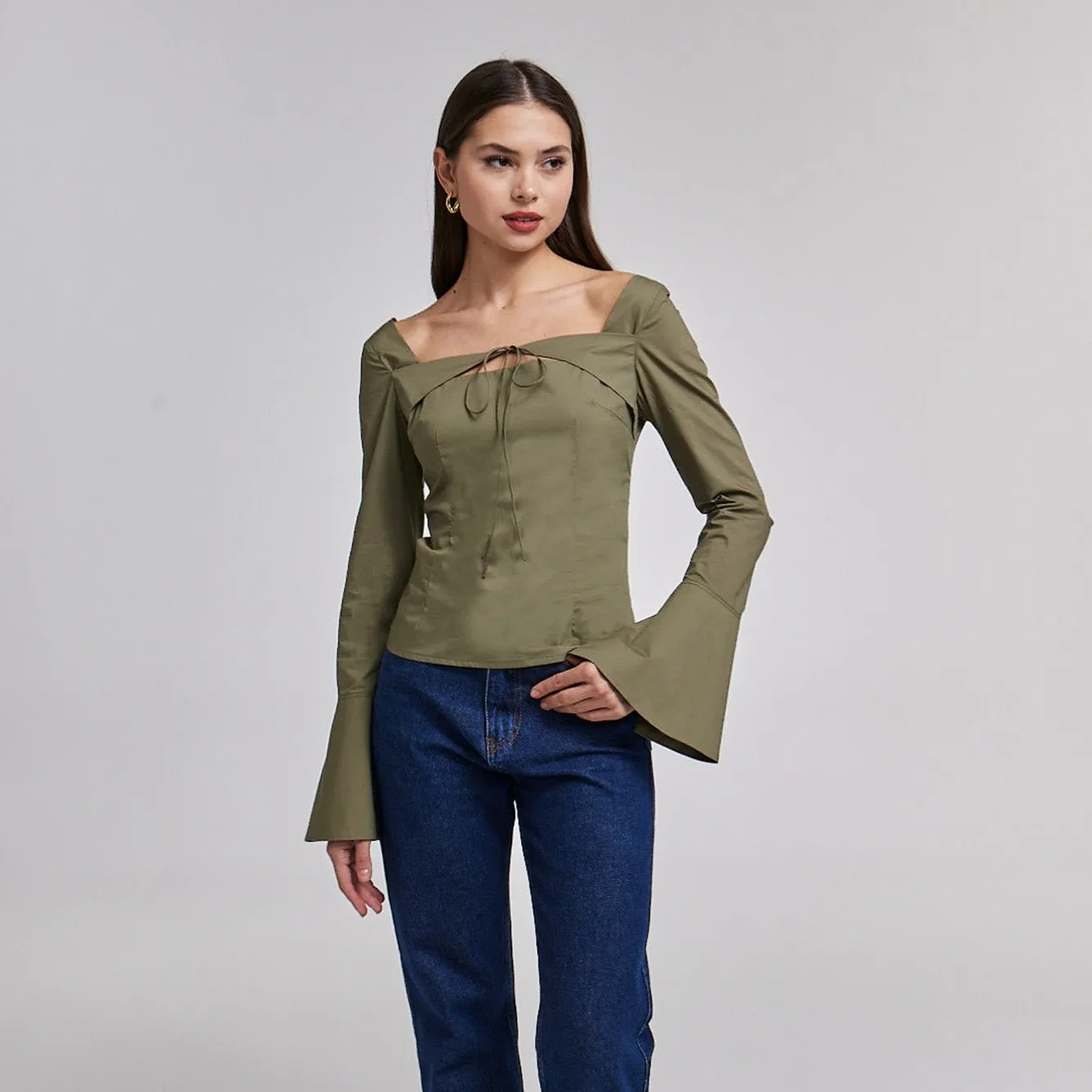 Green Cotton Square Neck Long Sleeve Top