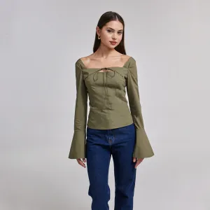 Green Cotton Square Neck Long Sleeve Top