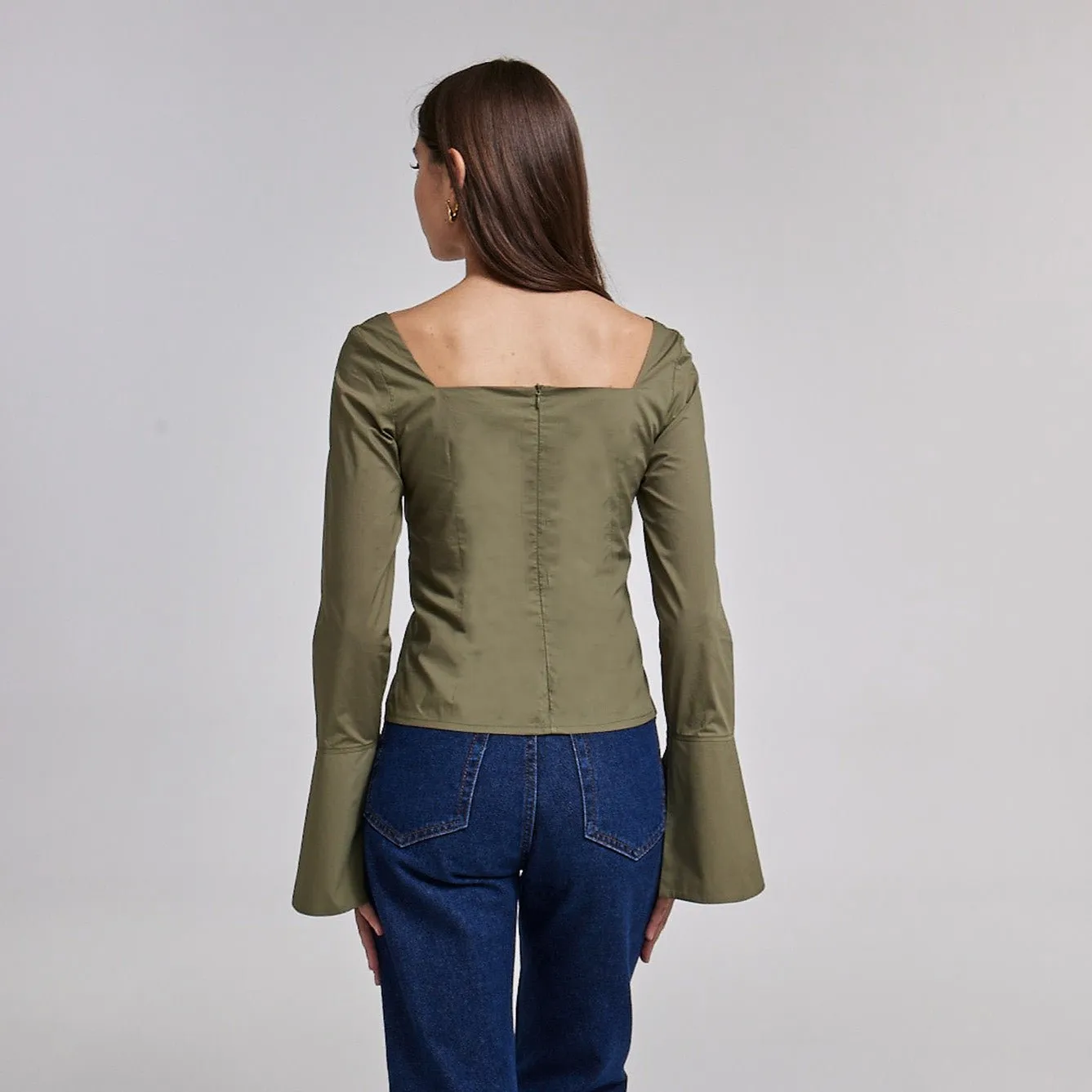 Green Cotton Square Neck Long Sleeve Top