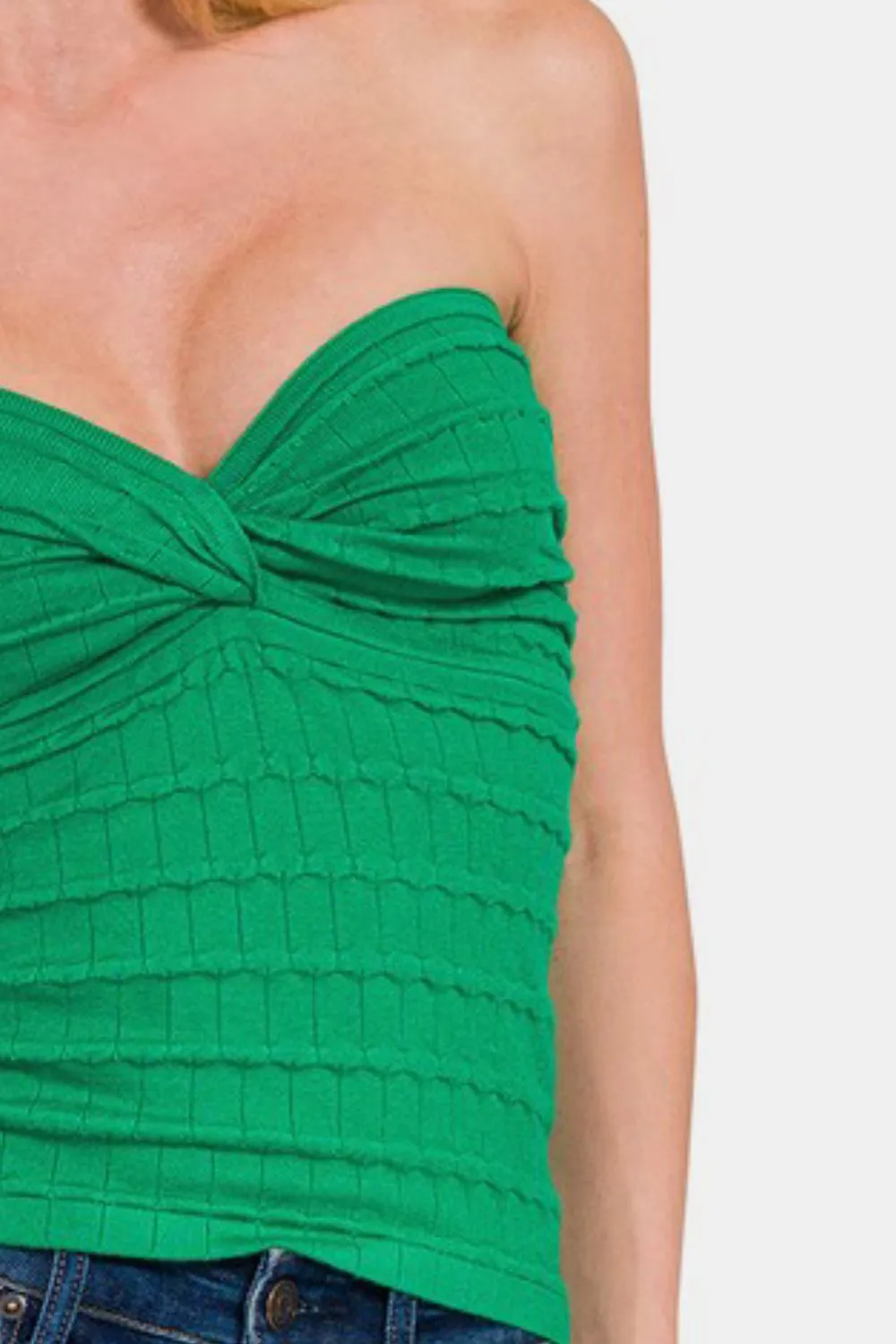 Green Ruched Twisted Sweetheart Neck Top
