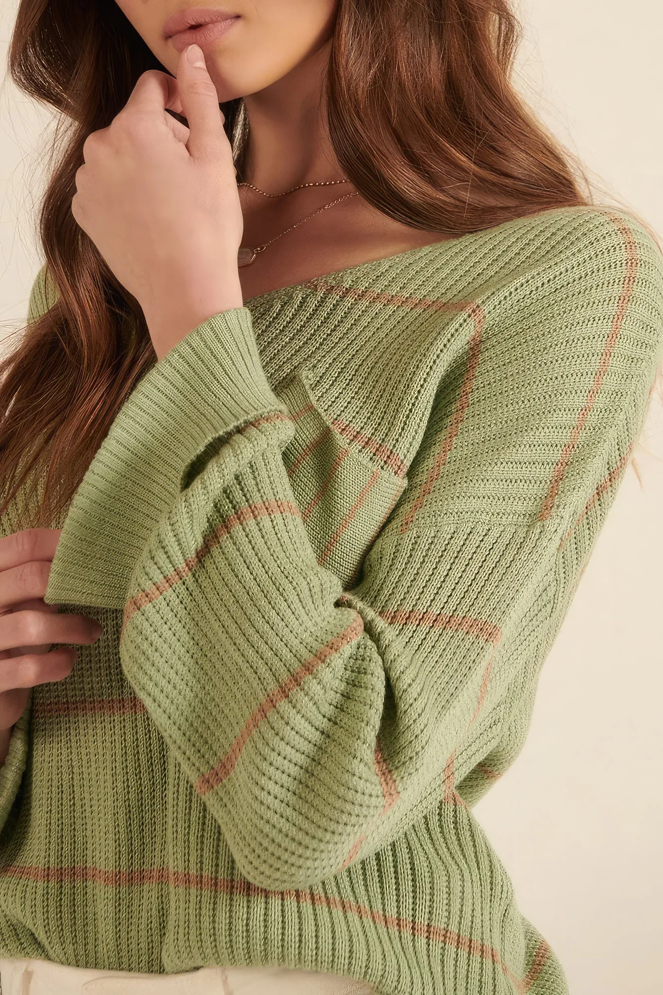 Green Striped Rib-knit Oversized Pocket Sweater