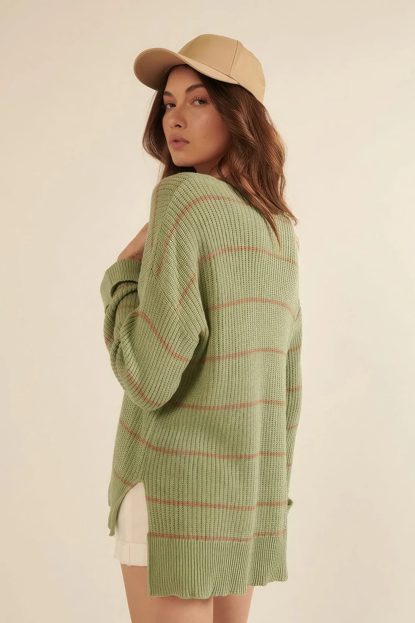 Green Striped Rib-knit Oversized Pocket Sweater