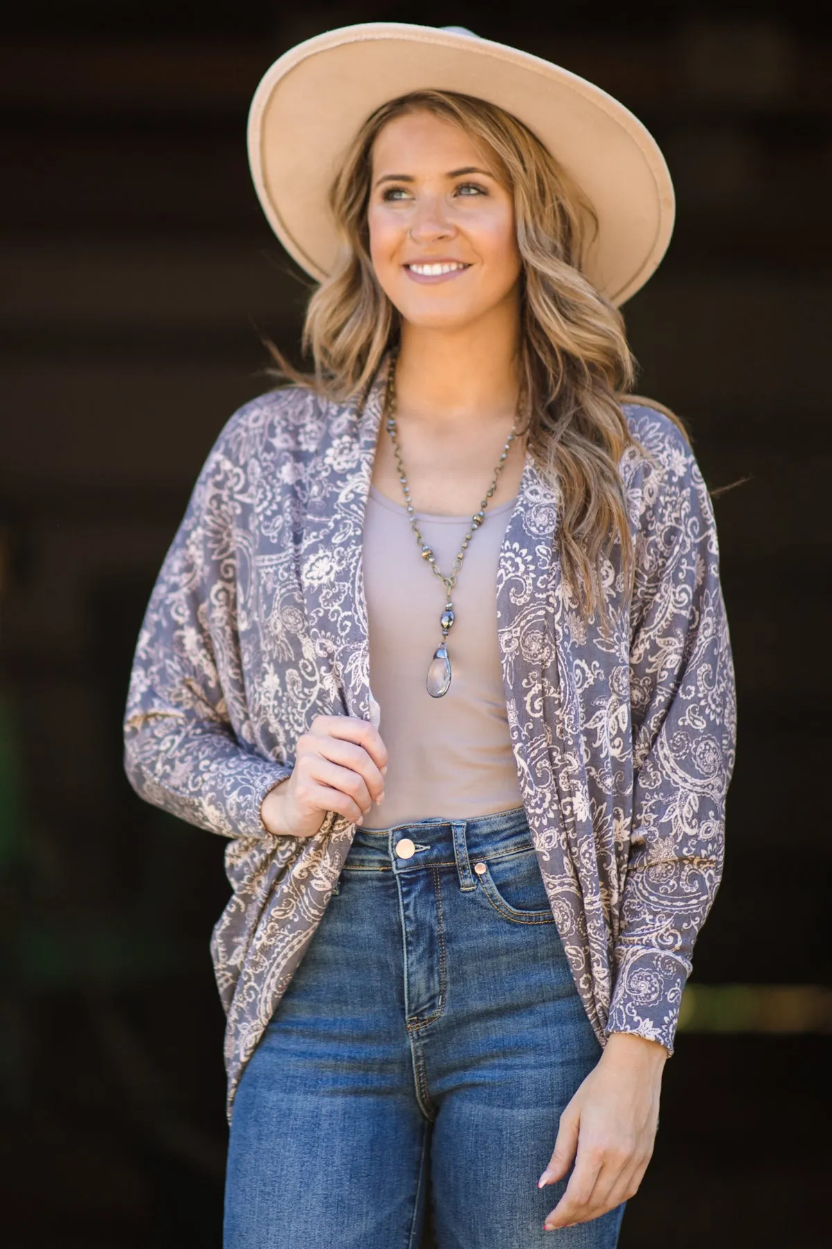 Grey and Beige Paisley Print Cocoon Cardigan