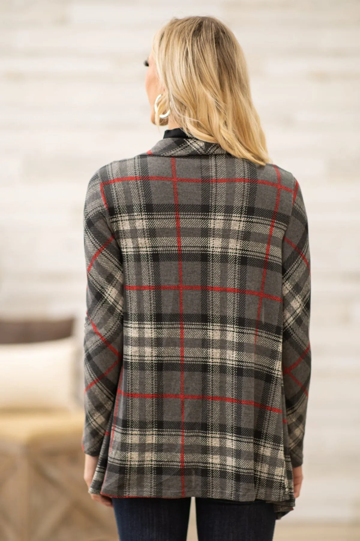 Grey and Red Plaid Cardigan