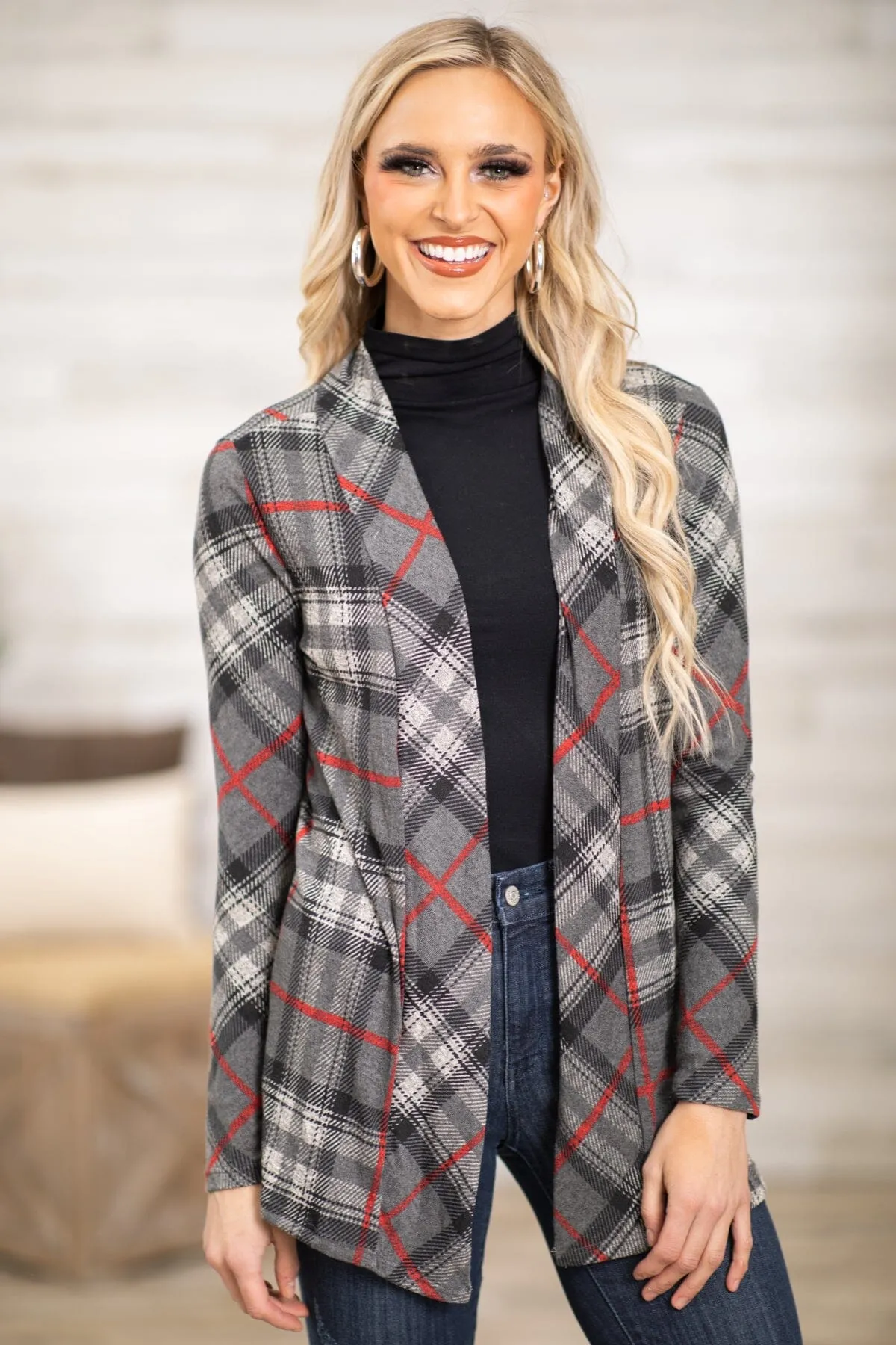 Grey and Red Plaid Cardigan