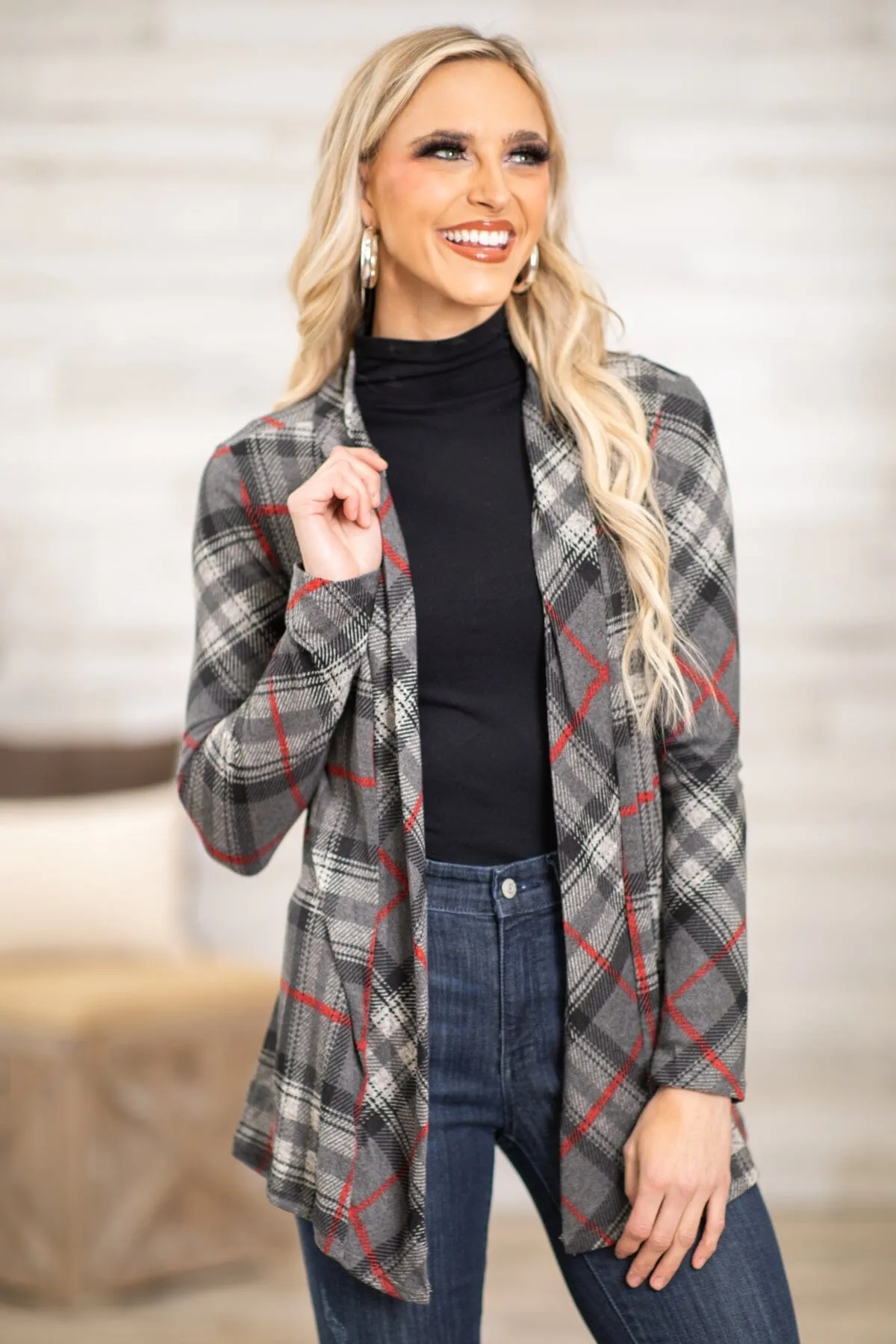 Grey and Red Plaid Cardigan
