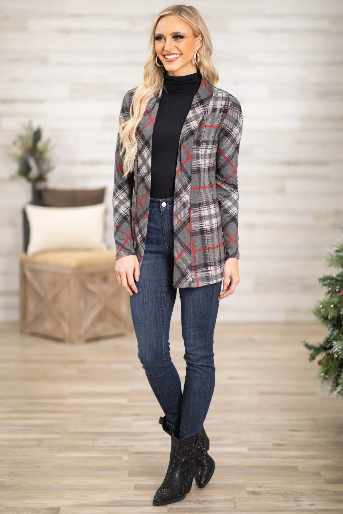 Grey and Red Plaid Cardigan