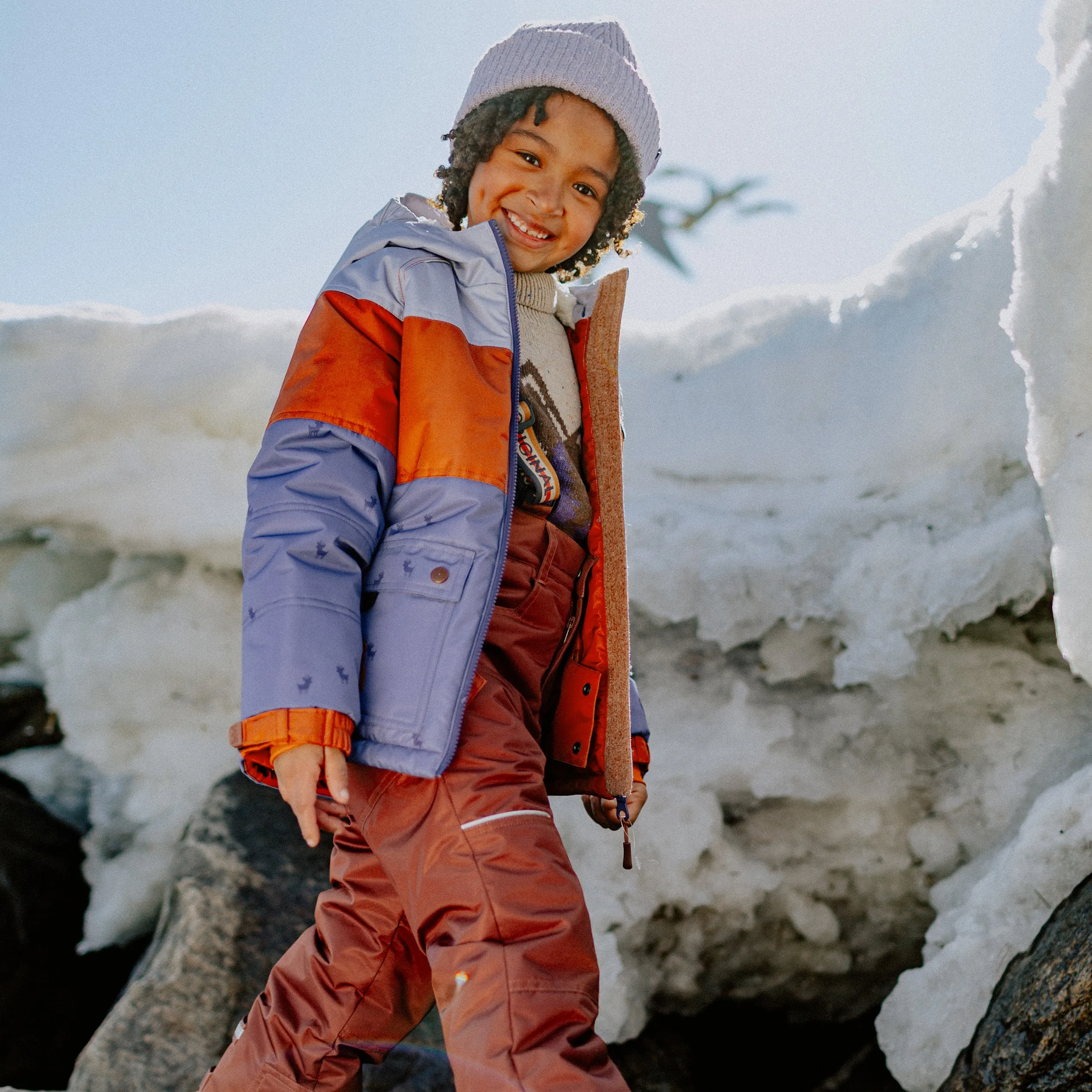 Habit de neige deux-pièces mauve et brun, enfant || Purple and brown two-pieces snowsuit, child
