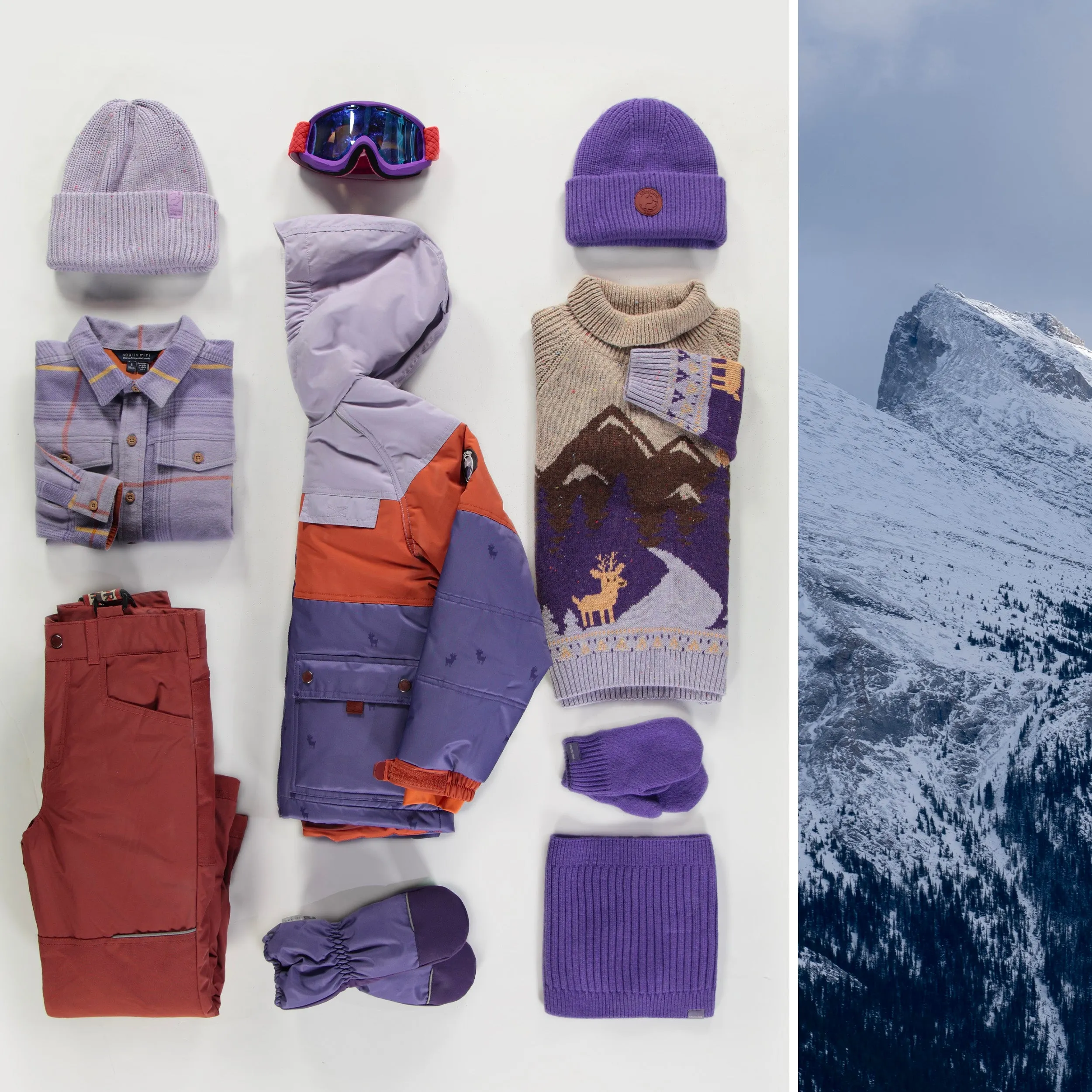 Habit de neige deux-pièces mauve et brun, enfant || Purple and brown two-pieces snowsuit, child