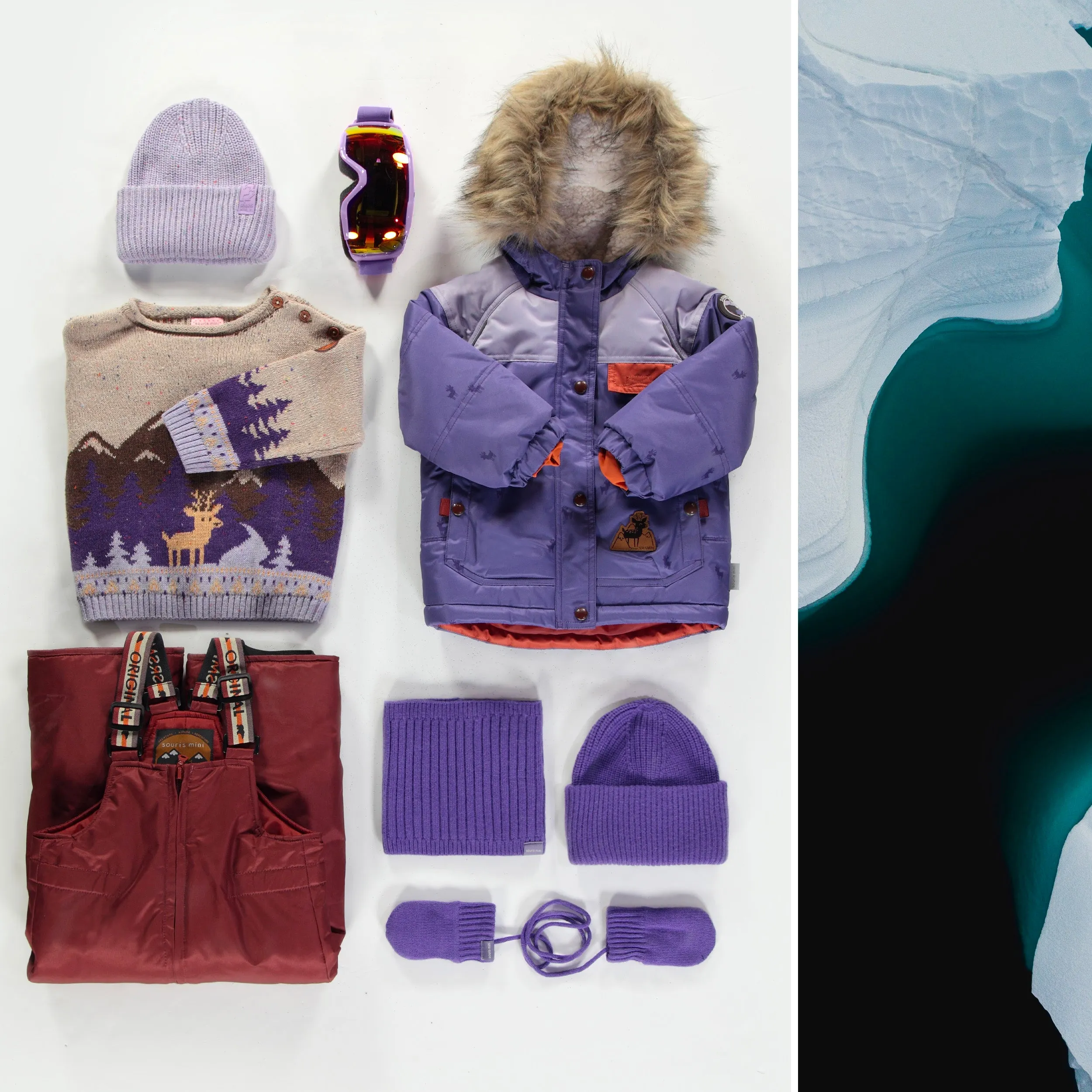 Habit de neige deux-pièces mauve et rouille, bébé || Purple and rust two-pieces snowsuit, baby