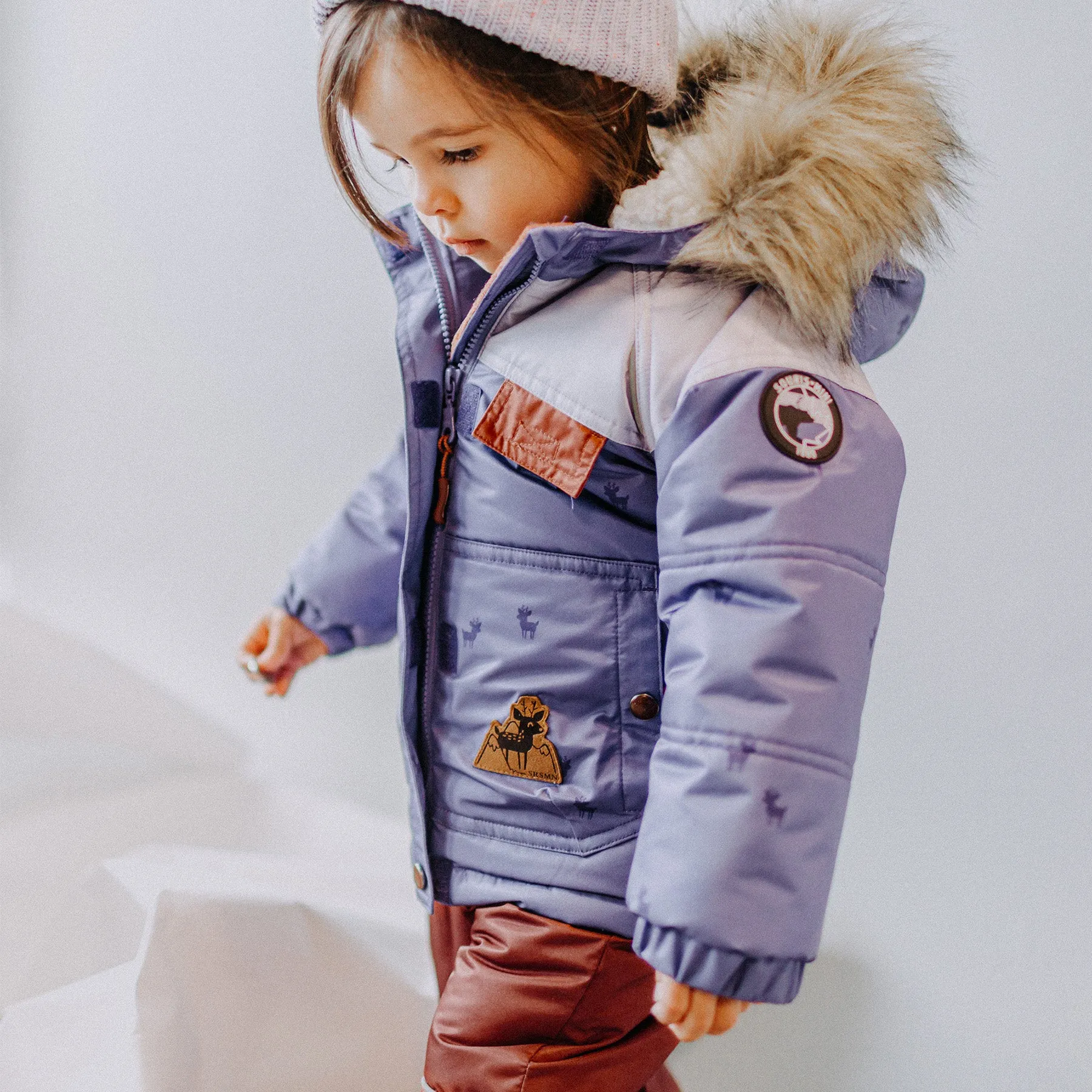 Habit de neige deux-pièces mauve et rouille, bébé || Purple and rust two-pieces snowsuit, baby